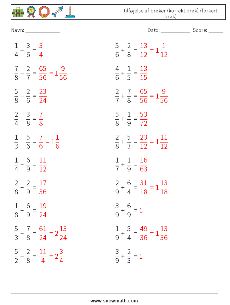 (20) tilføjelse af brøker (korrekt brøk) (forkert brøk) Matematiske regneark 1 Spørgsmål, svar