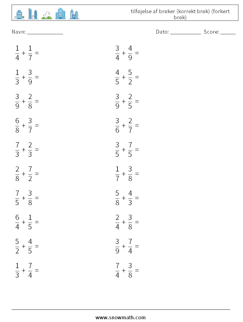 (20) tilføjelse af brøker (korrekt brøk) (forkert brøk) Matematiske regneark 2