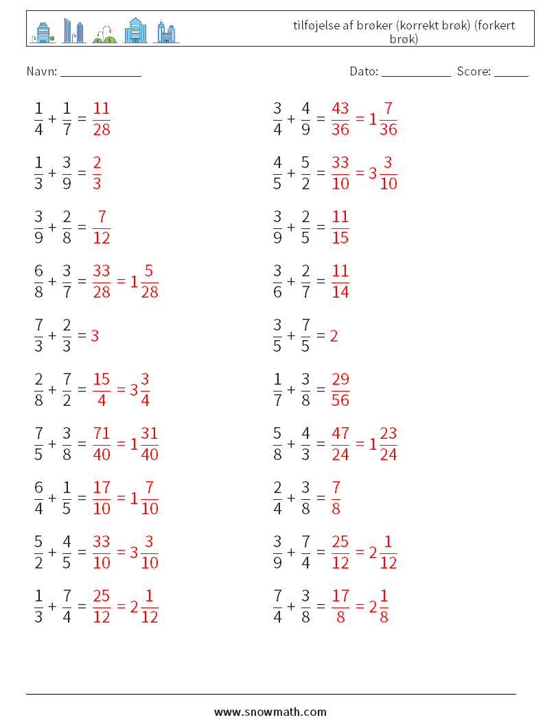 (20) tilføjelse af brøker (korrekt brøk) (forkert brøk) Matematiske regneark 2 Spørgsmål, svar
