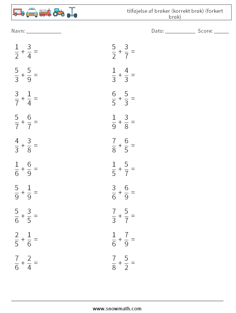 (20) tilføjelse af brøker (korrekt brøk) (forkert brøk) Matematiske regneark 3
