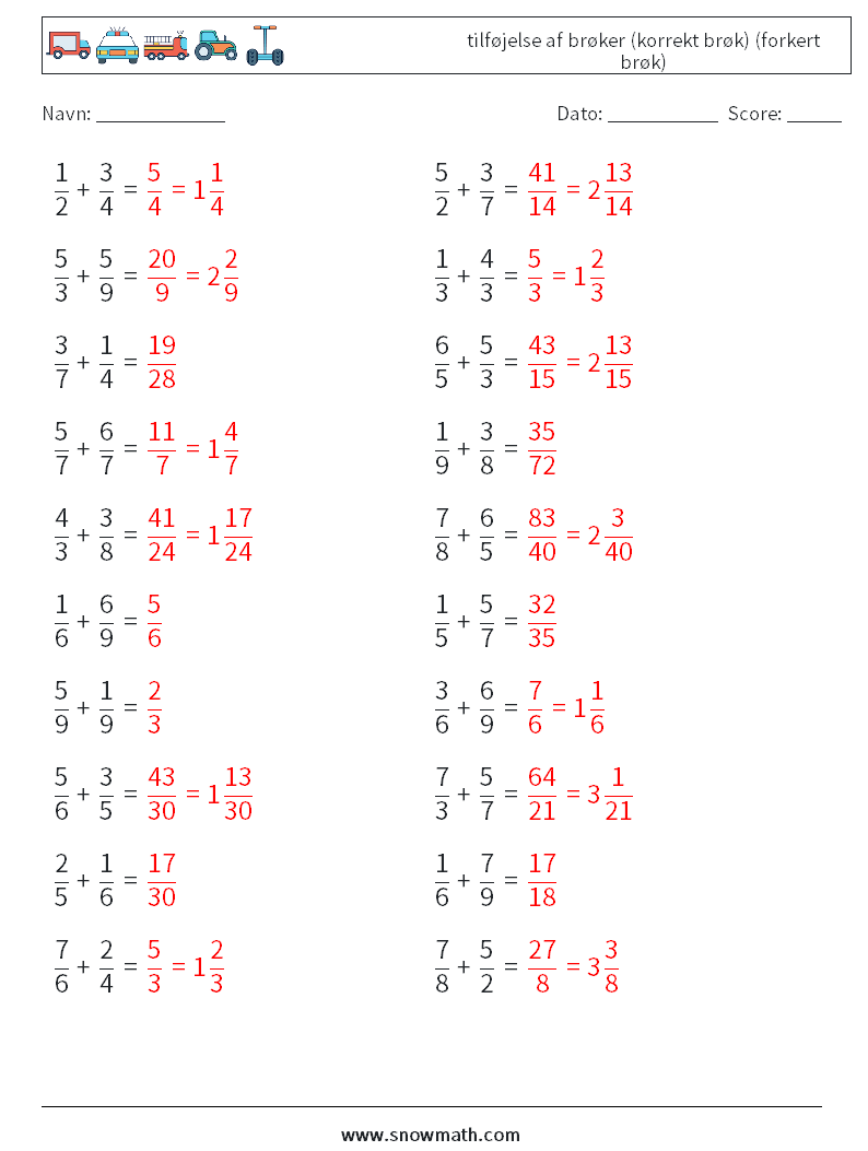 (20) tilføjelse af brøker (korrekt brøk) (forkert brøk) Matematiske regneark 3 Spørgsmål, svar