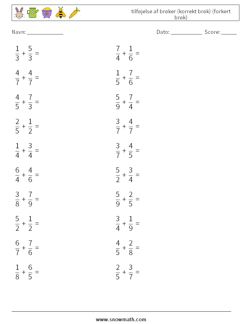 (20) tilføjelse af brøker (korrekt brøk) (forkert brøk) Matematiske regneark 4