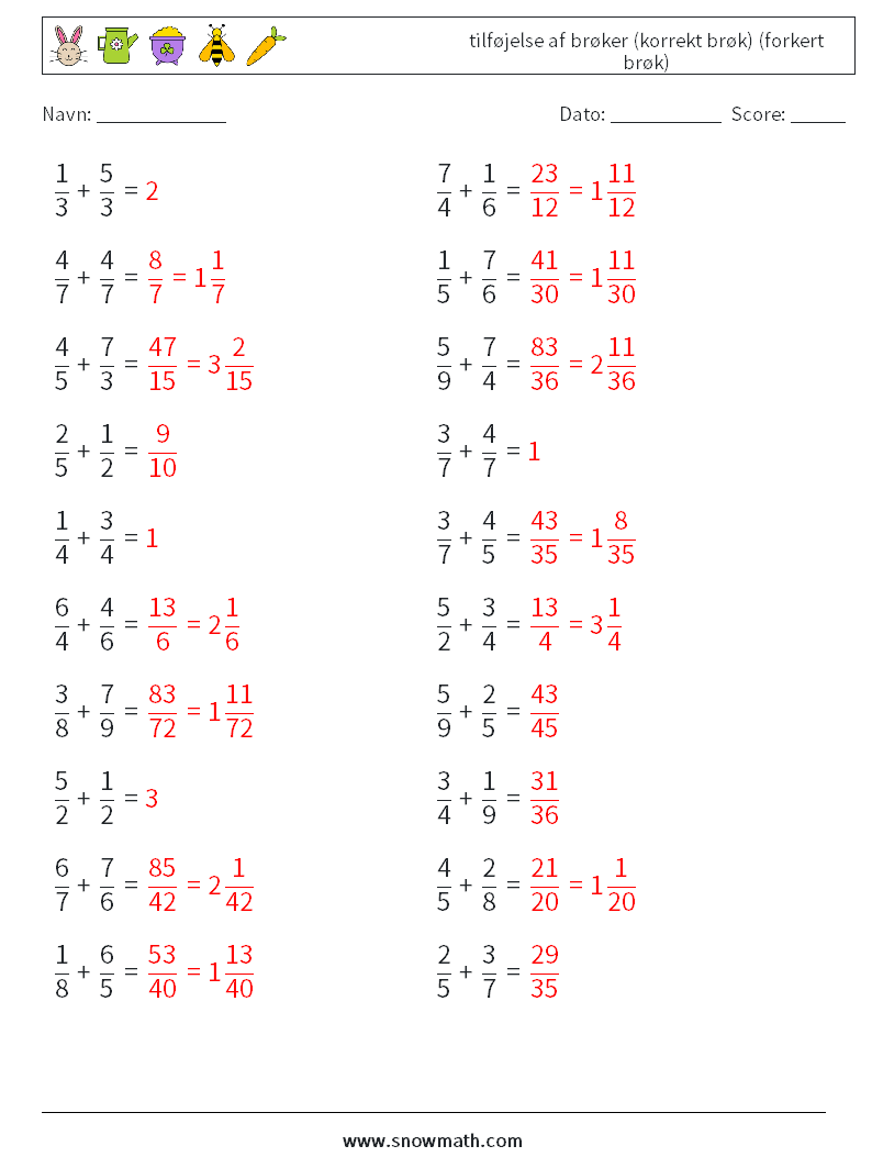 (20) tilføjelse af brøker (korrekt brøk) (forkert brøk) Matematiske regneark 4 Spørgsmål, svar