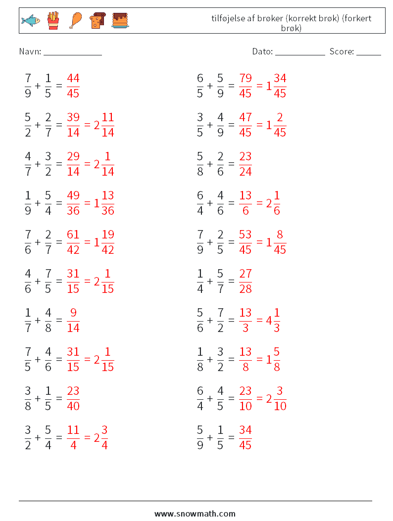 (20) tilføjelse af brøker (korrekt brøk) (forkert brøk) Matematiske regneark 5 Spørgsmål, svar