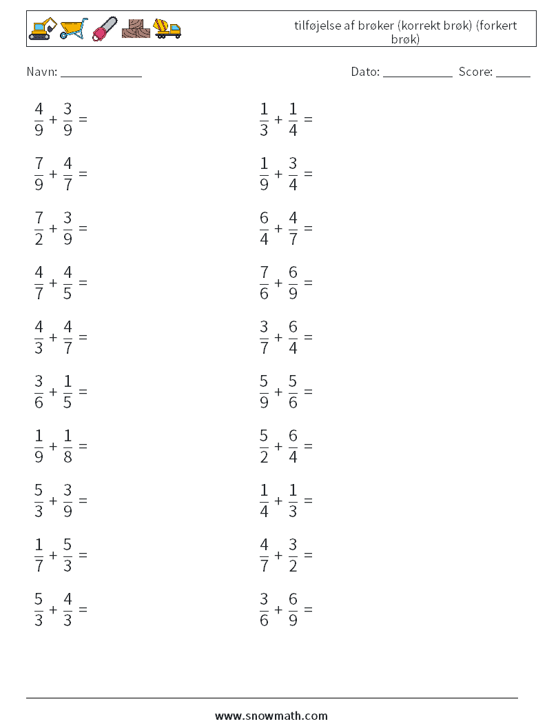 (20) tilføjelse af brøker (korrekt brøk) (forkert brøk) Matematiske regneark 6