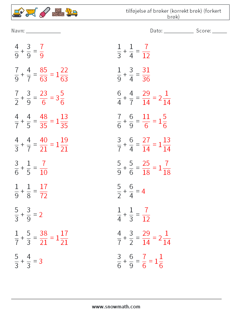 (20) tilføjelse af brøker (korrekt brøk) (forkert brøk) Matematiske regneark 6 Spørgsmål, svar