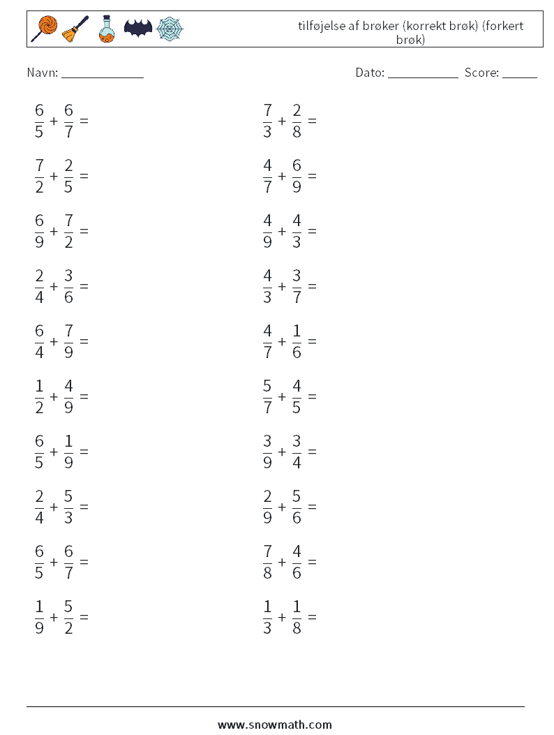 (20) tilføjelse af brøker (korrekt brøk) (forkert brøk) Matematiske regneark 7
