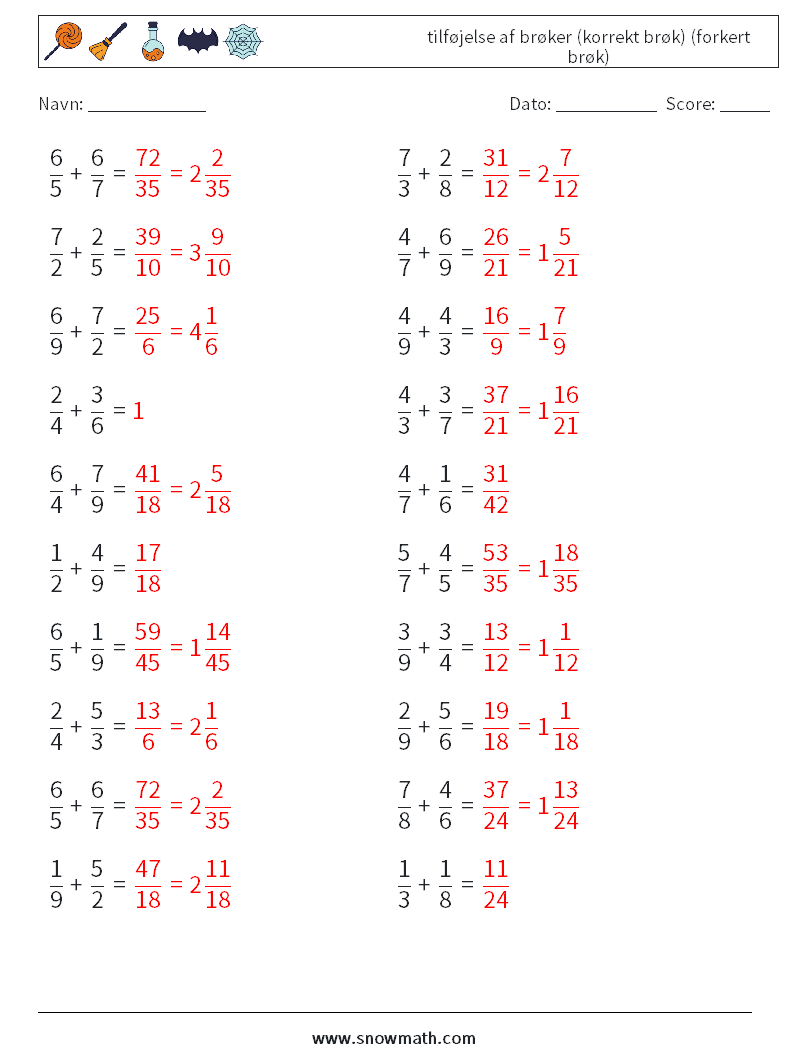 (20) tilføjelse af brøker (korrekt brøk) (forkert brøk) Matematiske regneark 7 Spørgsmål, svar