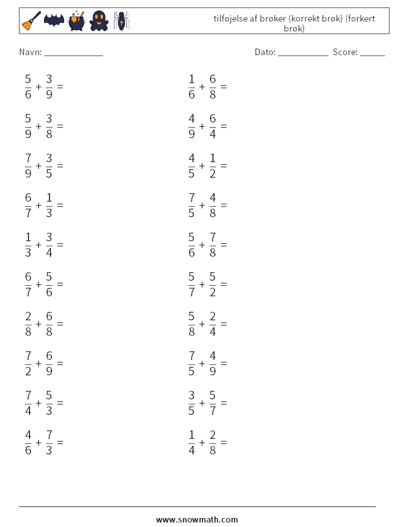 (20) tilføjelse af brøker (korrekt brøk) (forkert brøk) Matematiske regneark 8