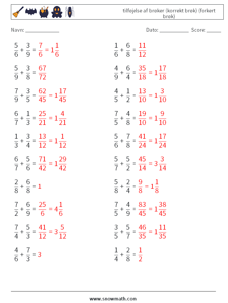 (20) tilføjelse af brøker (korrekt brøk) (forkert brøk) Matematiske regneark 8 Spørgsmål, svar