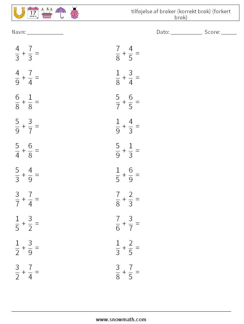 (20) tilføjelse af brøker (korrekt brøk) (forkert brøk) Matematiske regneark 9