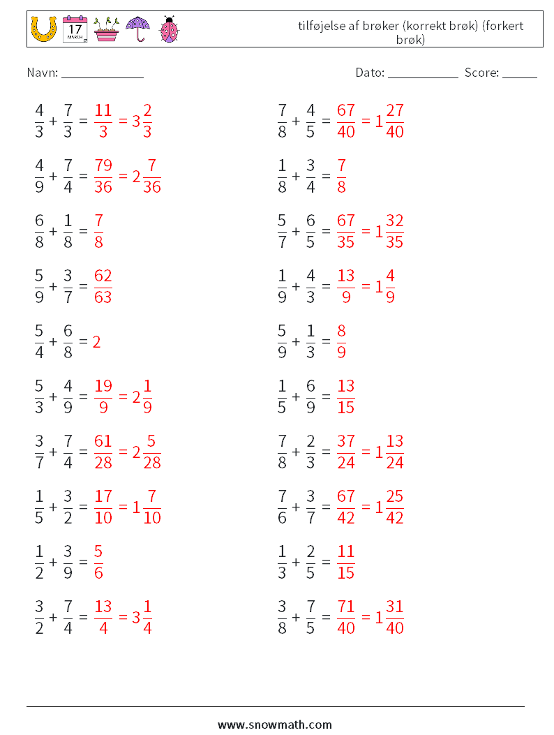(20) tilføjelse af brøker (korrekt brøk) (forkert brøk) Matematiske regneark 9 Spørgsmål, svar