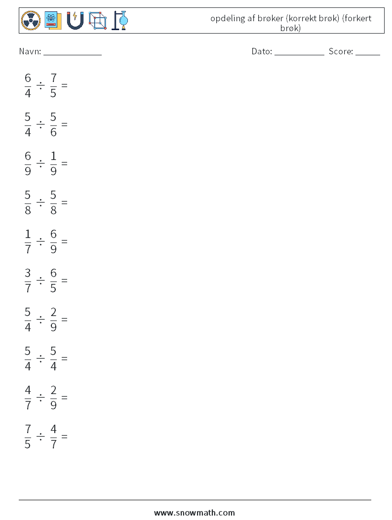 (10) opdeling af brøker (korrekt brøk) (forkert brøk) Matematiske regneark 10