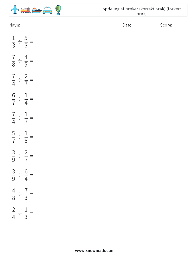 (10) opdeling af brøker (korrekt brøk) (forkert brøk) Matematiske regneark 11