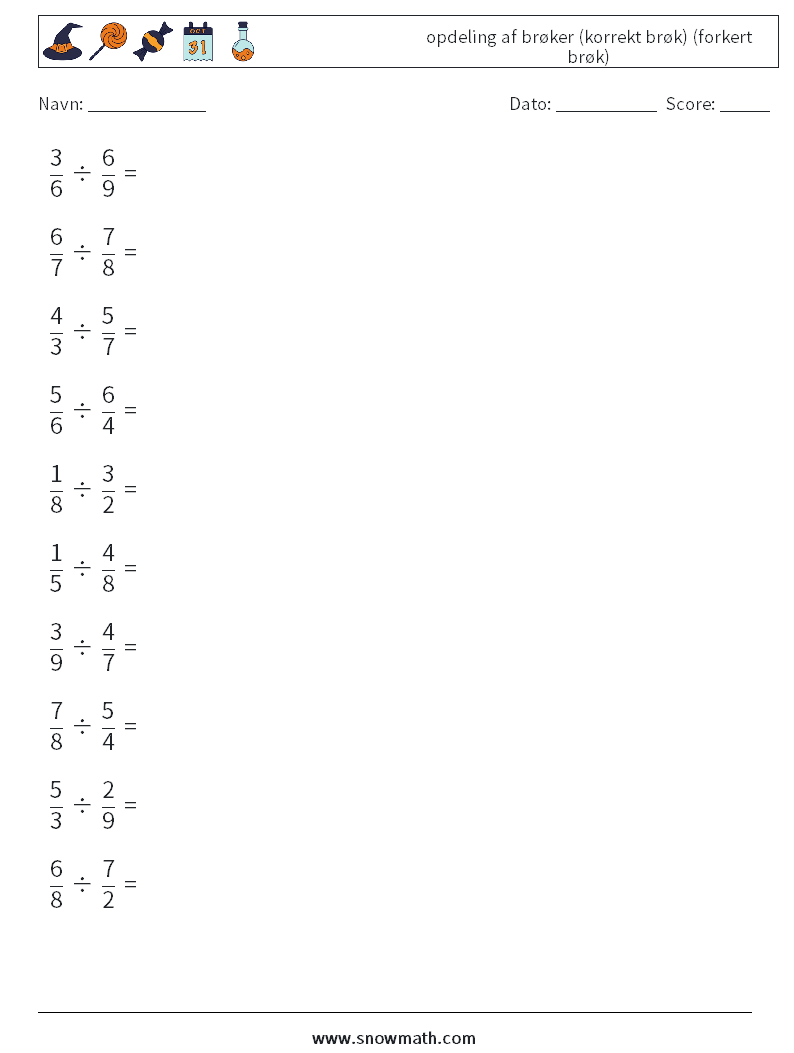 (10) opdeling af brøker (korrekt brøk) (forkert brøk) Matematiske regneark 14