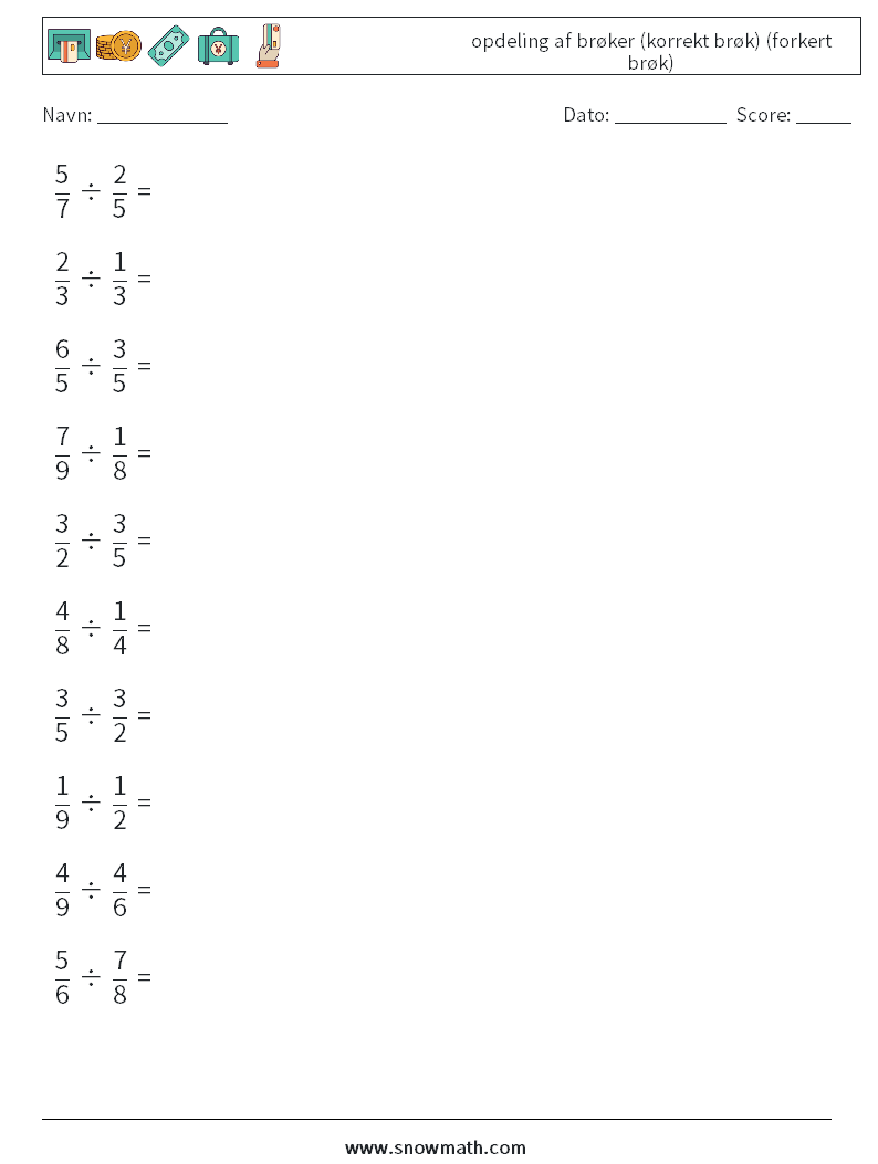 (10) opdeling af brøker (korrekt brøk) (forkert brøk) Matematiske regneark 16