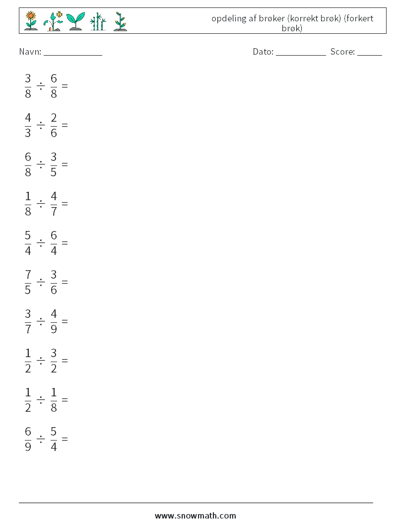 (10) opdeling af brøker (korrekt brøk) (forkert brøk) Matematiske regneark 18