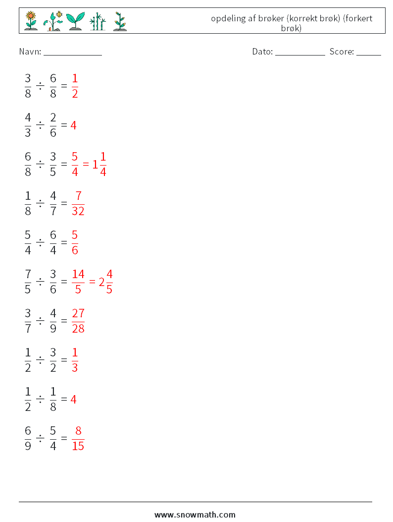 (10) opdeling af brøker (korrekt brøk) (forkert brøk) Matematiske regneark 18 Spørgsmål, svar