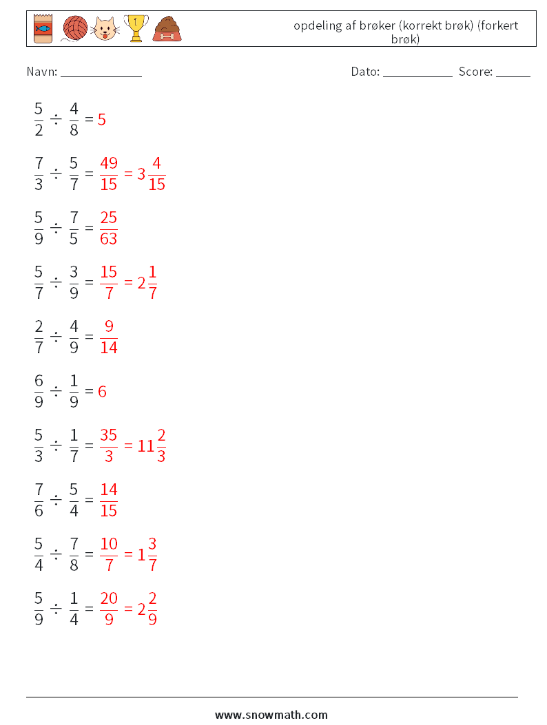 (10) opdeling af brøker (korrekt brøk) (forkert brøk) Matematiske regneark 1 Spørgsmål, svar