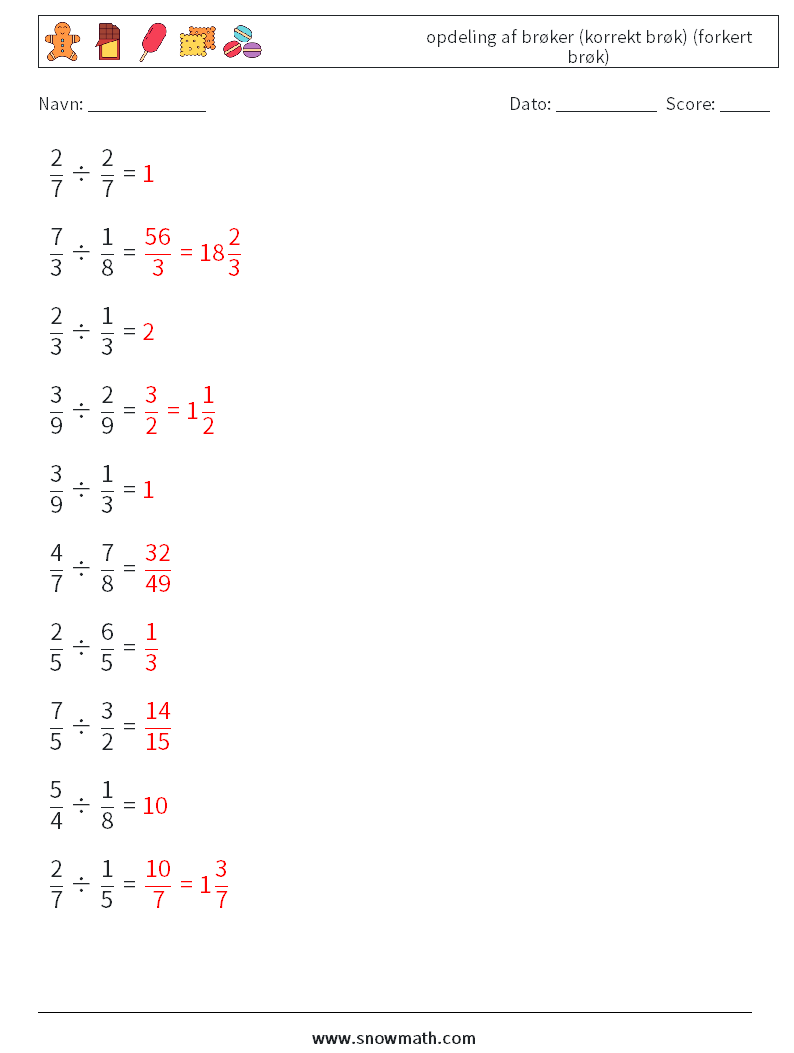 (10) opdeling af brøker (korrekt brøk) (forkert brøk) Matematiske regneark 2 Spørgsmål, svar