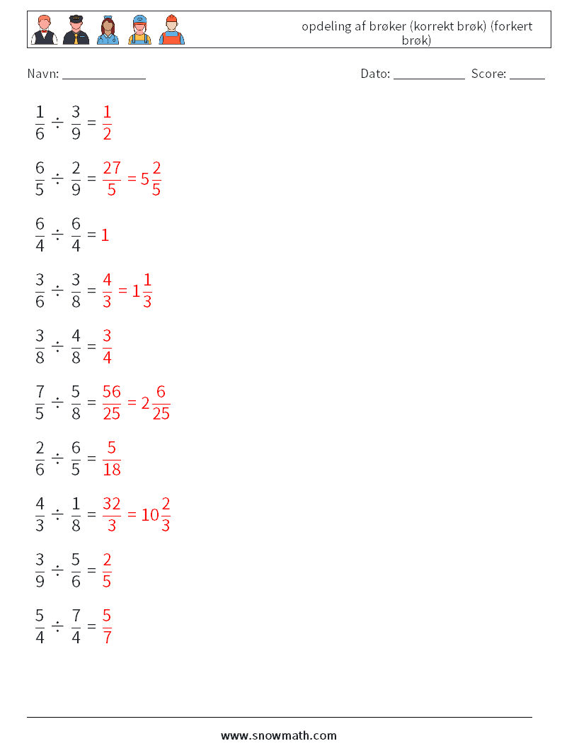 (10) opdeling af brøker (korrekt brøk) (forkert brøk) Matematiske regneark 3 Spørgsmål, svar