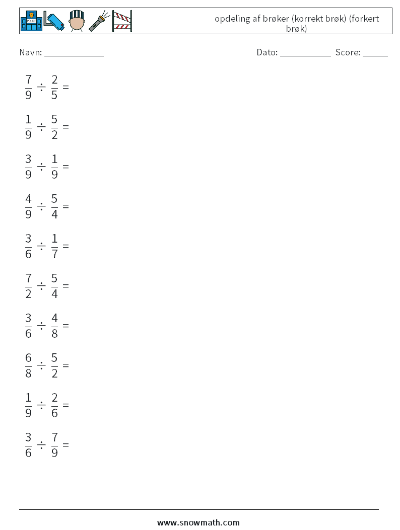 (10) opdeling af brøker (korrekt brøk) (forkert brøk) Matematiske regneark 4