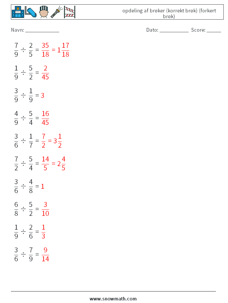 (10) opdeling af brøker (korrekt brøk) (forkert brøk) Matematiske regneark 4 Spørgsmål, svar