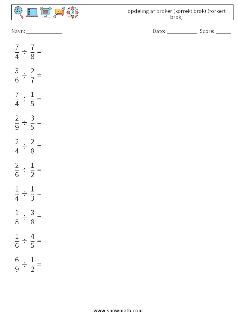 (10) opdeling af brøker (korrekt brøk) (forkert brøk) Matematiske regneark 5