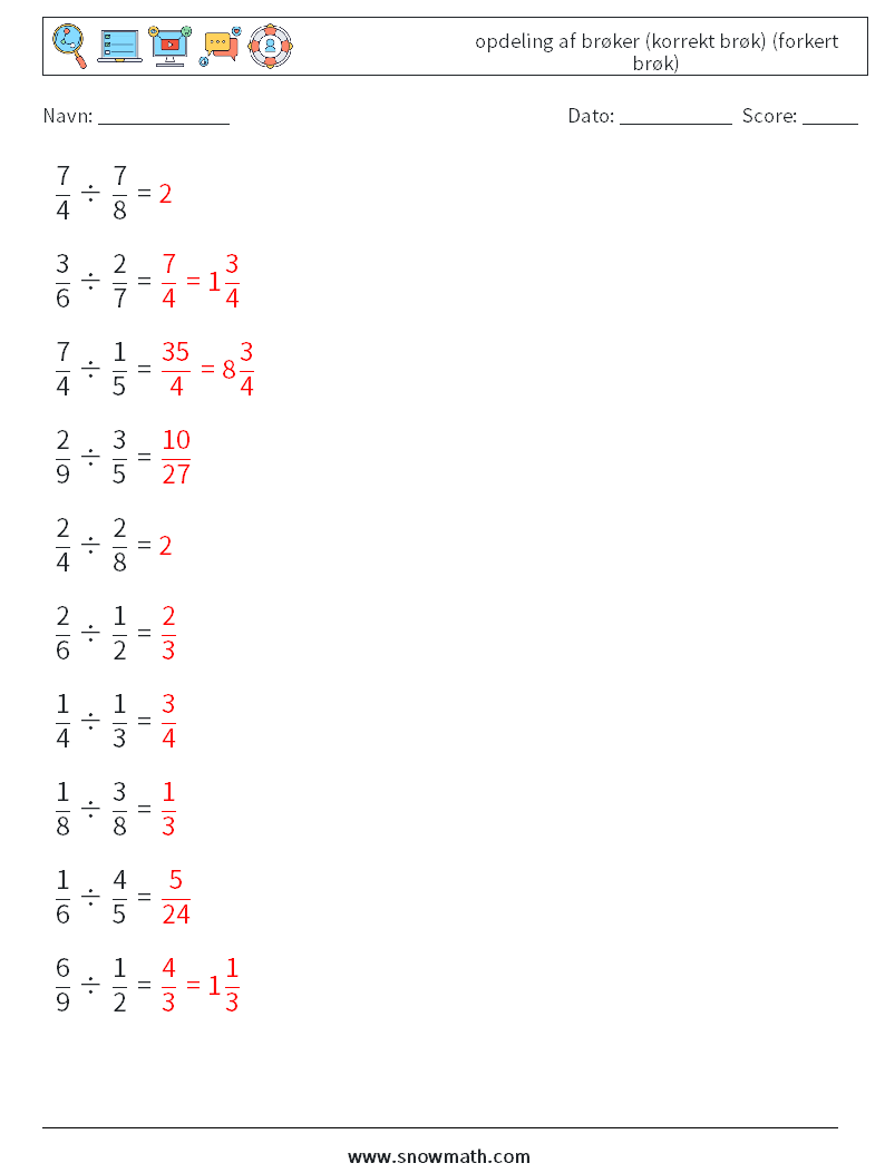 (10) opdeling af brøker (korrekt brøk) (forkert brøk) Matematiske regneark 5 Spørgsmål, svar
