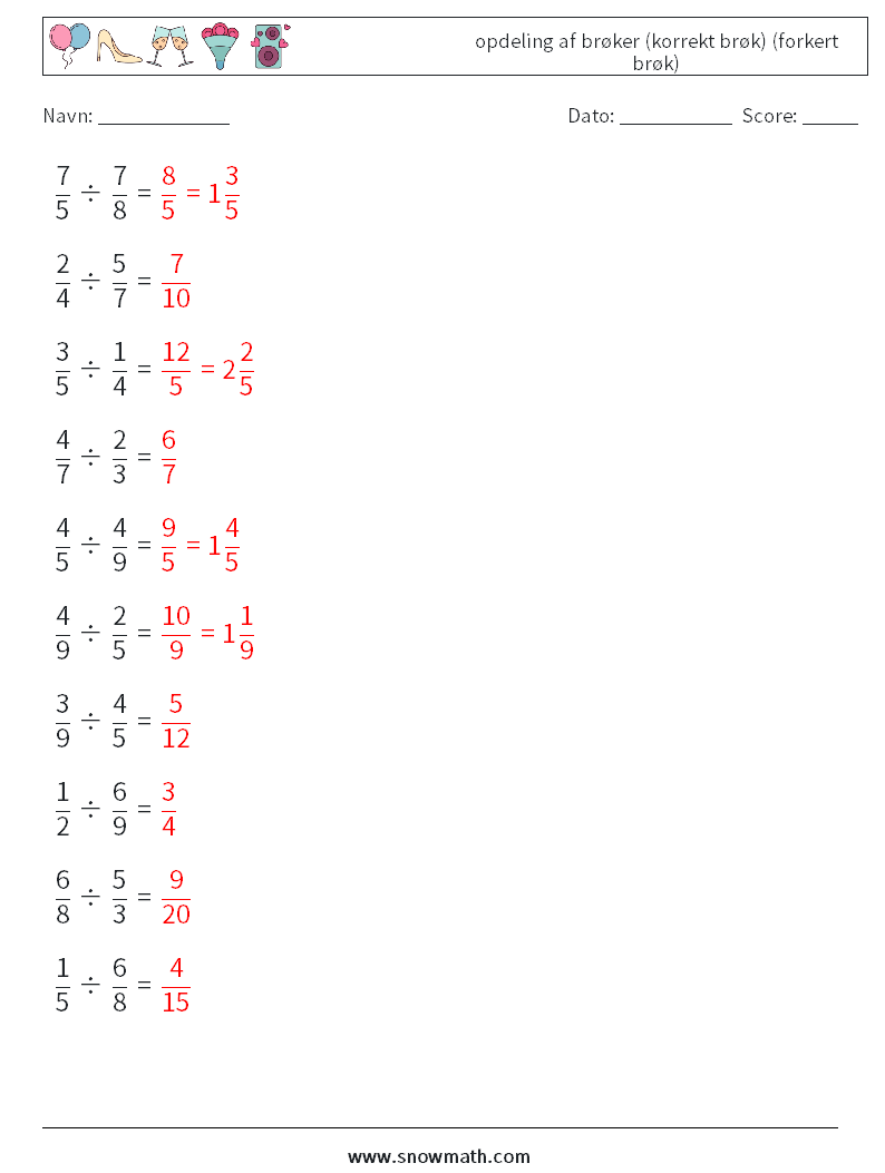 (10) opdeling af brøker (korrekt brøk) (forkert brøk) Matematiske regneark 6 Spørgsmål, svar