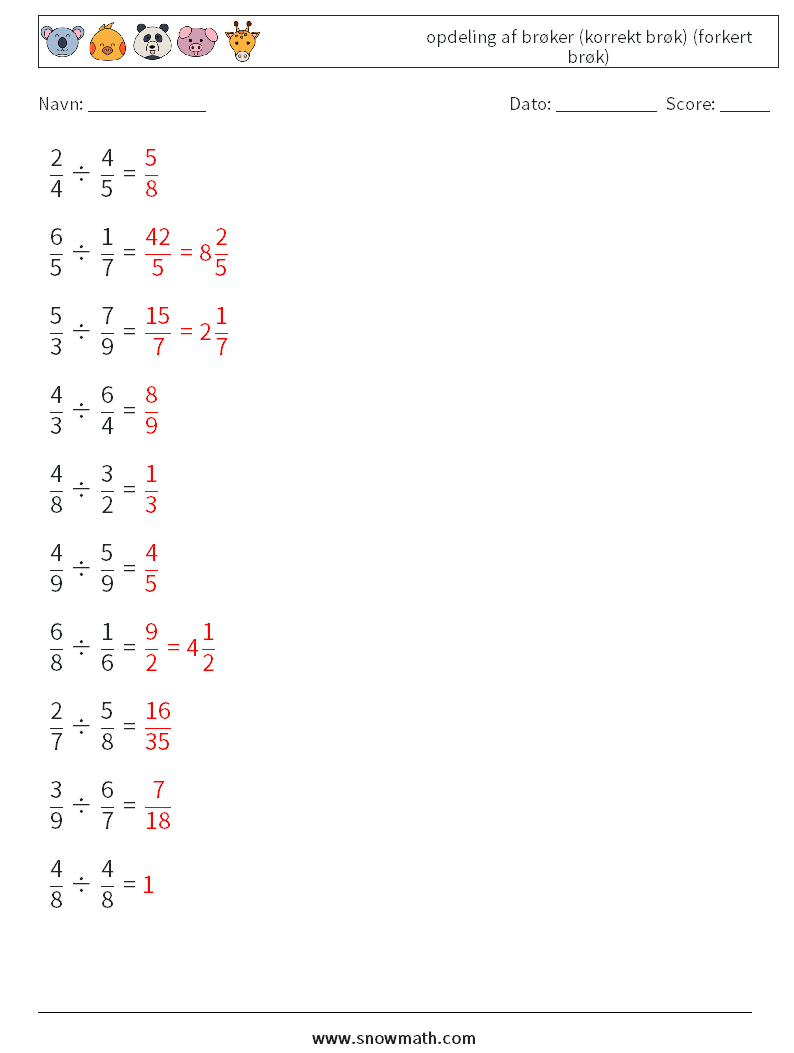 (10) opdeling af brøker (korrekt brøk) (forkert brøk) Matematiske regneark 7 Spørgsmål, svar