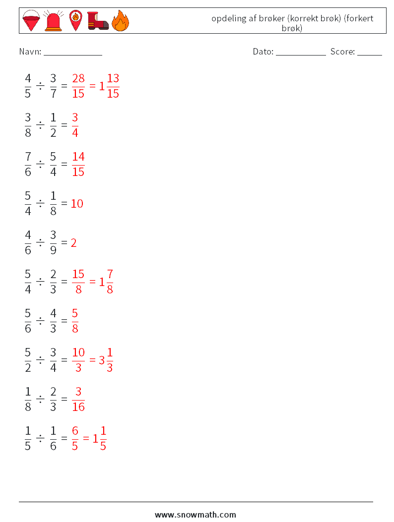 (10) opdeling af brøker (korrekt brøk) (forkert brøk) Matematiske regneark 8 Spørgsmål, svar