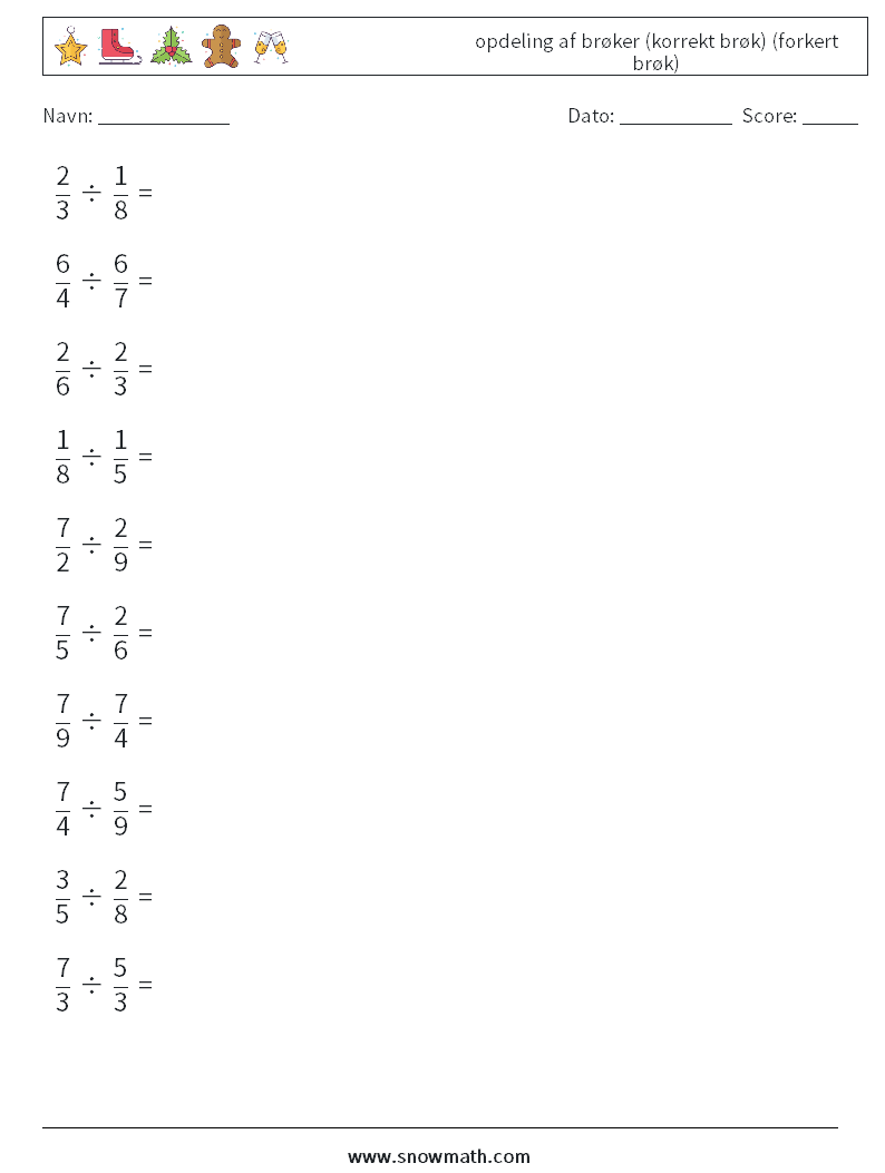 (10) opdeling af brøker (korrekt brøk) (forkert brøk) Matematiske regneark 9