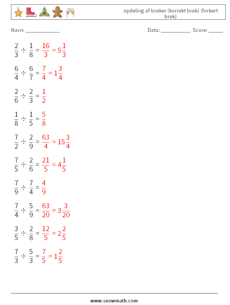 (10) opdeling af brøker (korrekt brøk) (forkert brøk) Matematiske regneark 9 Spørgsmål, svar