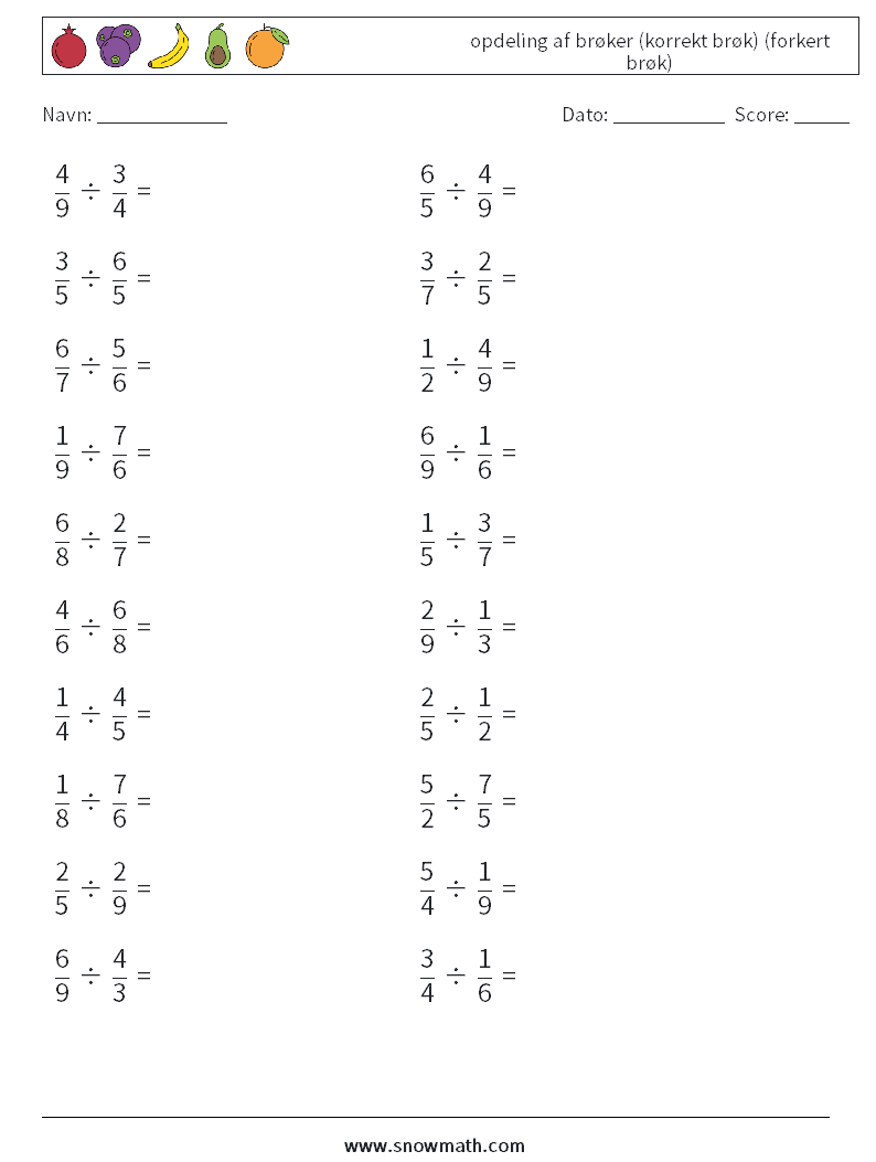 (20) opdeling af brøker (korrekt brøk) (forkert brøk) Matematiske regneark 1