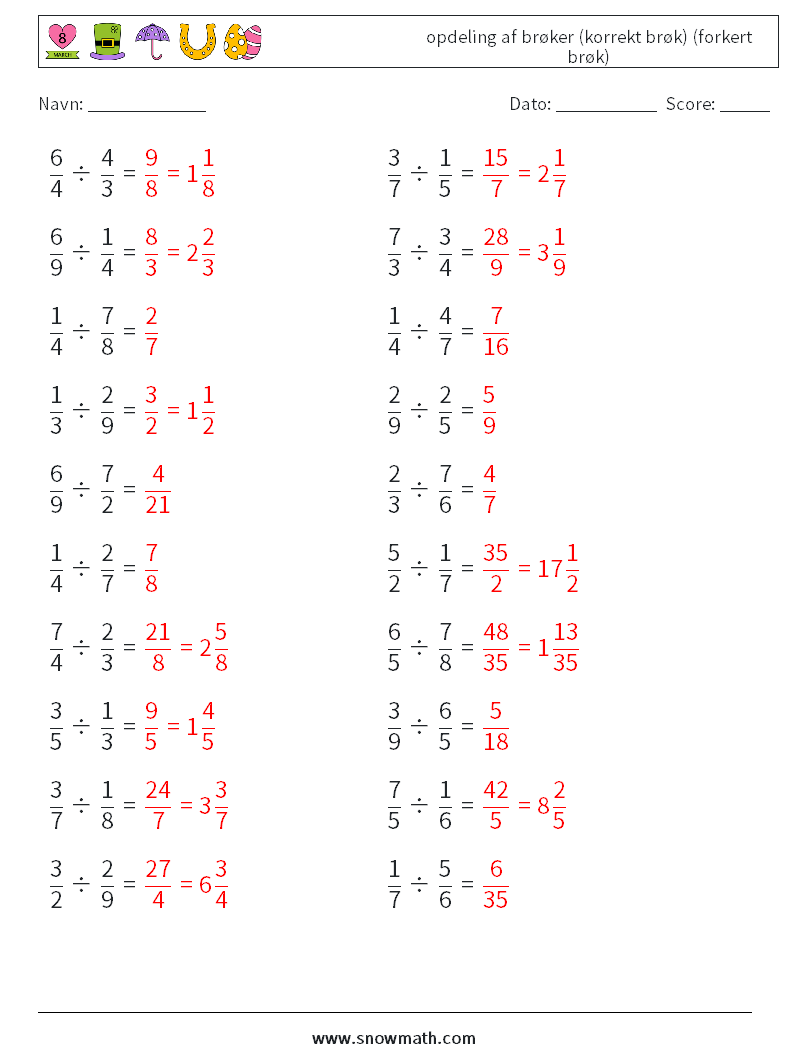 (20) opdeling af brøker (korrekt brøk) (forkert brøk) Matematiske regneark 10 Spørgsmål, svar