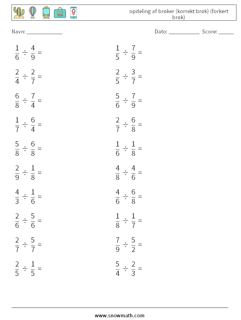 (20) opdeling af brøker (korrekt brøk) (forkert brøk) Matematiske regneark 11