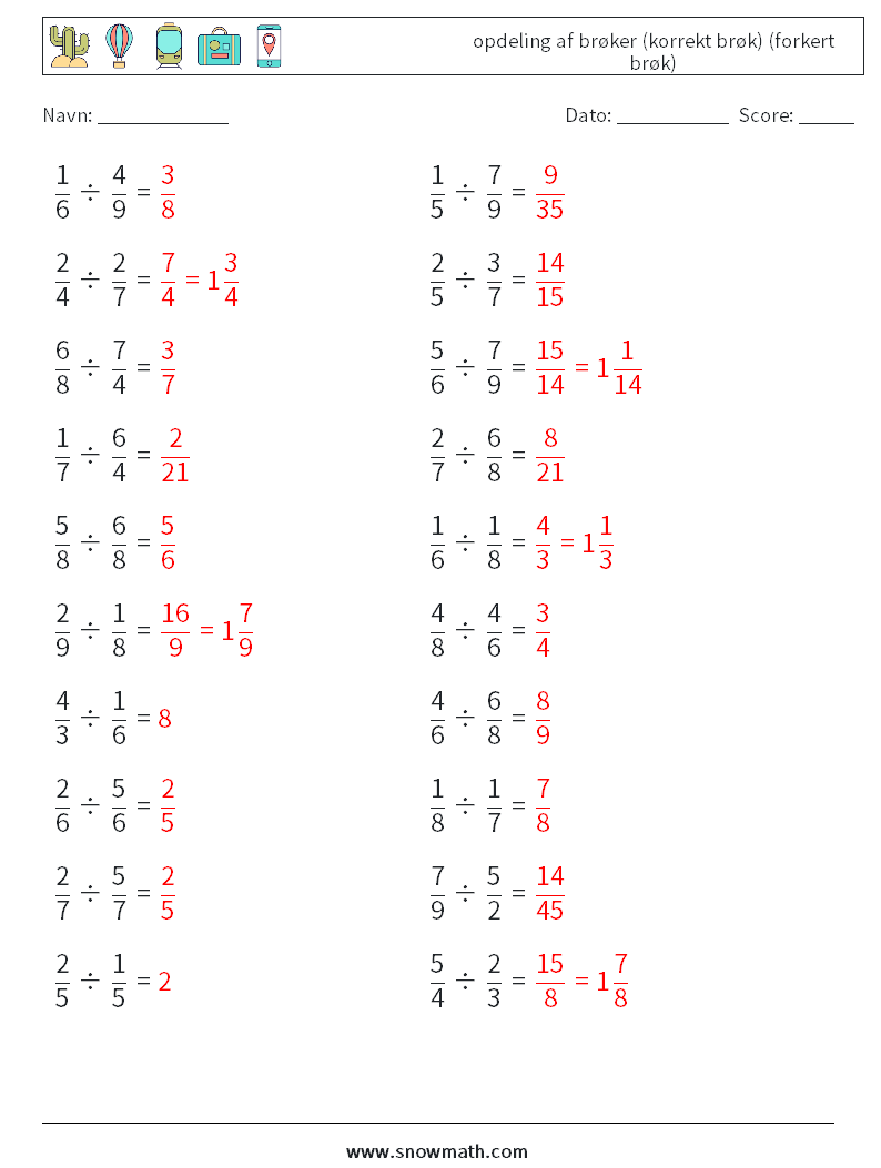 (20) opdeling af brøker (korrekt brøk) (forkert brøk) Matematiske regneark 11 Spørgsmål, svar