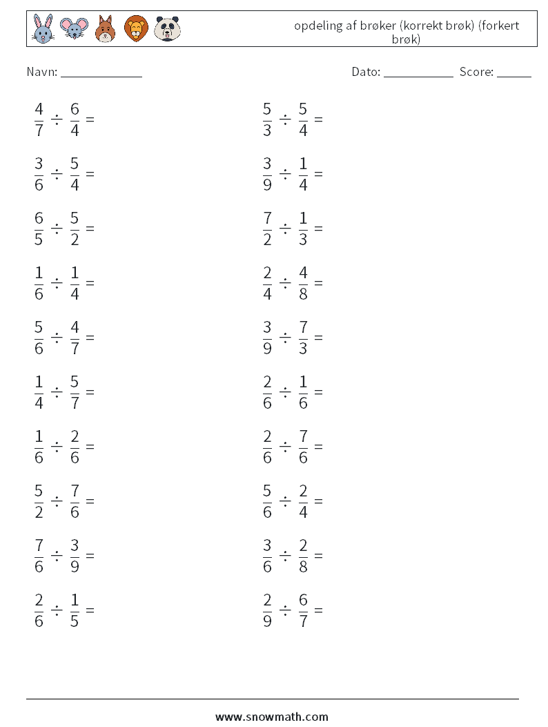 (20) opdeling af brøker (korrekt brøk) (forkert brøk) Matematiske regneark 12