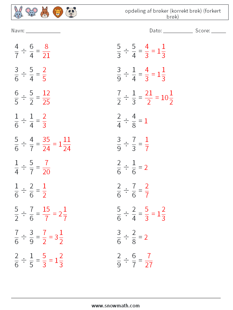 (20) opdeling af brøker (korrekt brøk) (forkert brøk) Matematiske regneark 12 Spørgsmål, svar