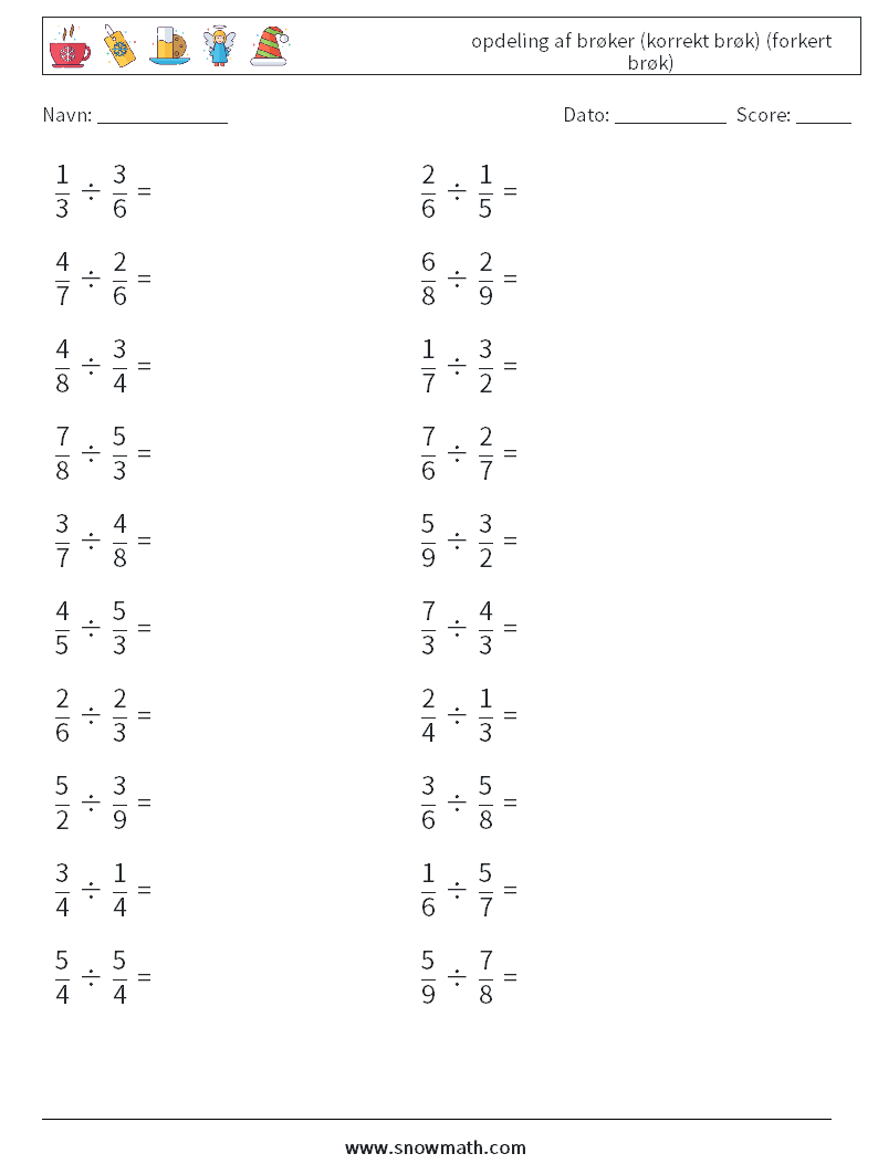 (20) opdeling af brøker (korrekt brøk) (forkert brøk) Matematiske regneark 13