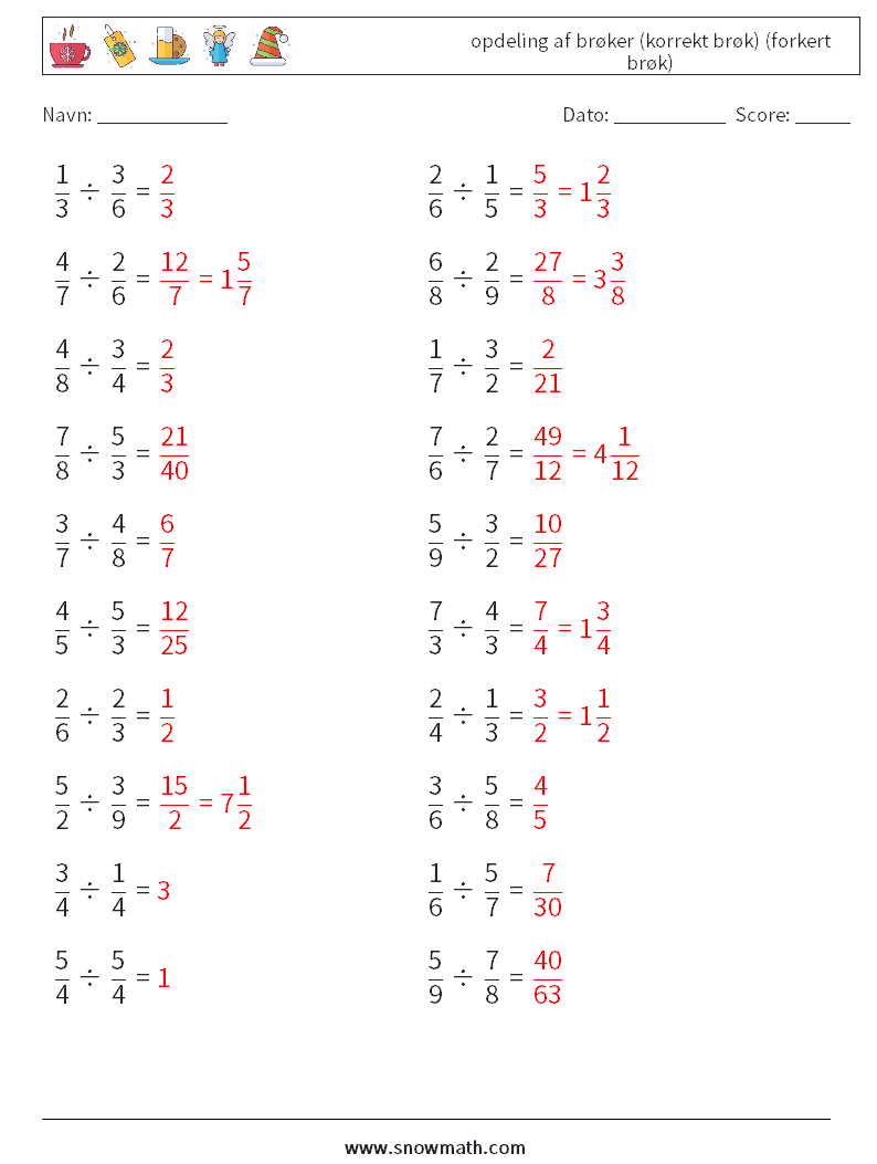 (20) opdeling af brøker (korrekt brøk) (forkert brøk) Matematiske regneark 13 Spørgsmål, svar