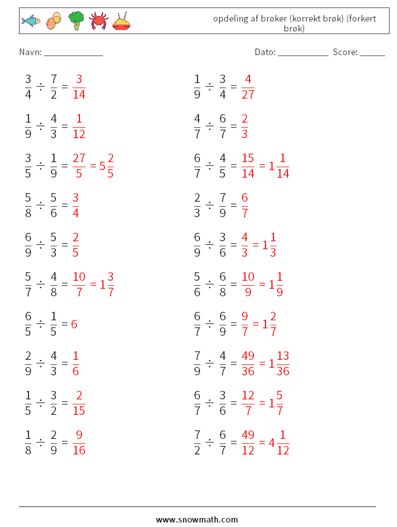 (20) opdeling af brøker (korrekt brøk) (forkert brøk) Matematiske regneark 14 Spørgsmål, svar