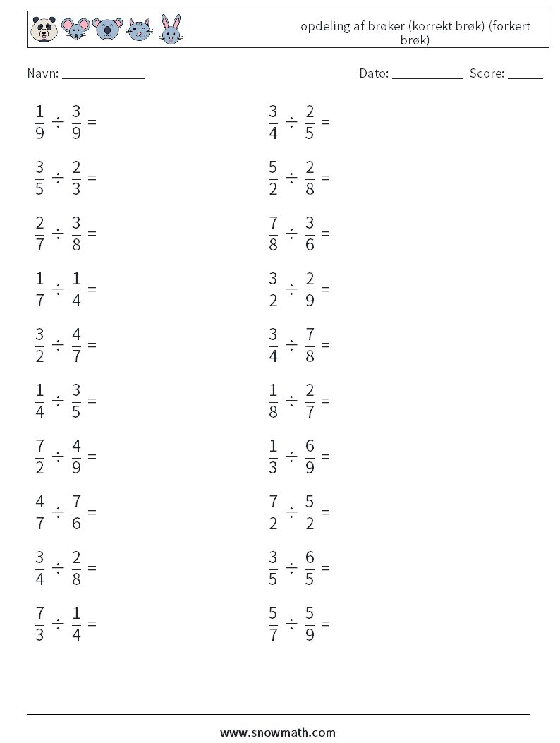 (20) opdeling af brøker (korrekt brøk) (forkert brøk) Matematiske regneark 15