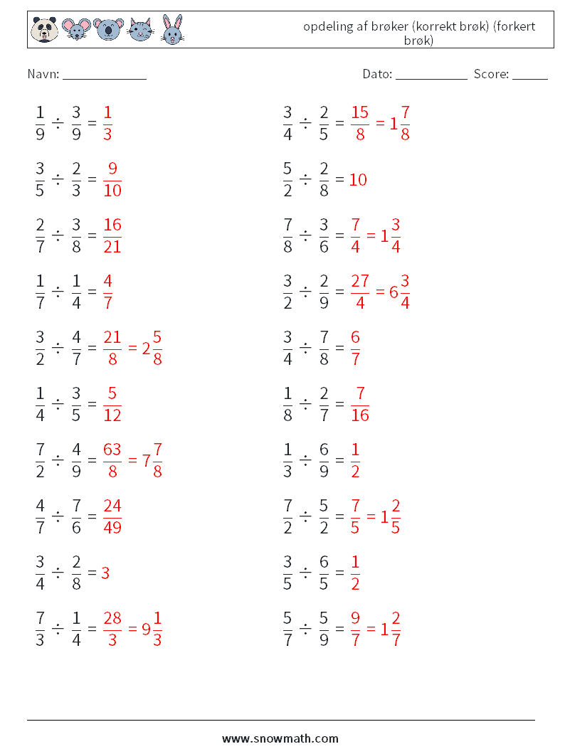 (20) opdeling af brøker (korrekt brøk) (forkert brøk) Matematiske regneark 15 Spørgsmål, svar