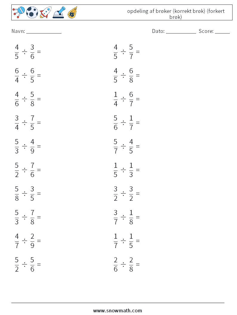 (20) opdeling af brøker (korrekt brøk) (forkert brøk) Matematiske regneark 16