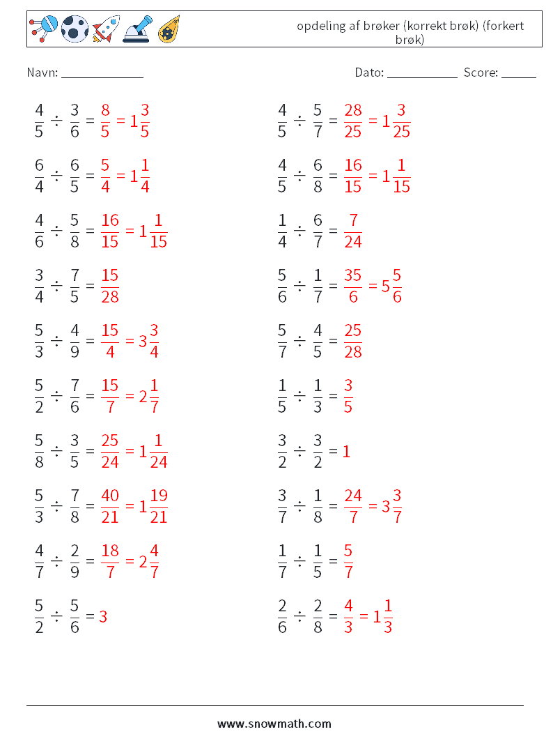 (20) opdeling af brøker (korrekt brøk) (forkert brøk) Matematiske regneark 16 Spørgsmål, svar