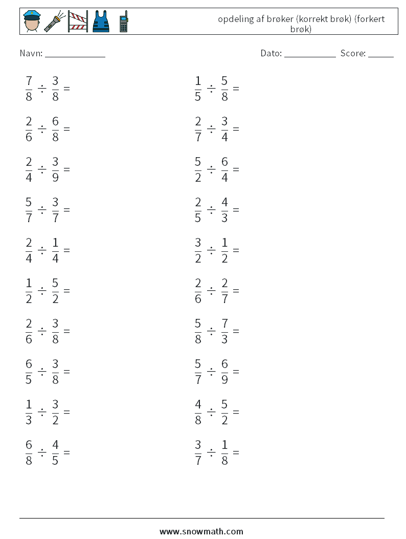 (20) opdeling af brøker (korrekt brøk) (forkert brøk) Matematiske regneark 17