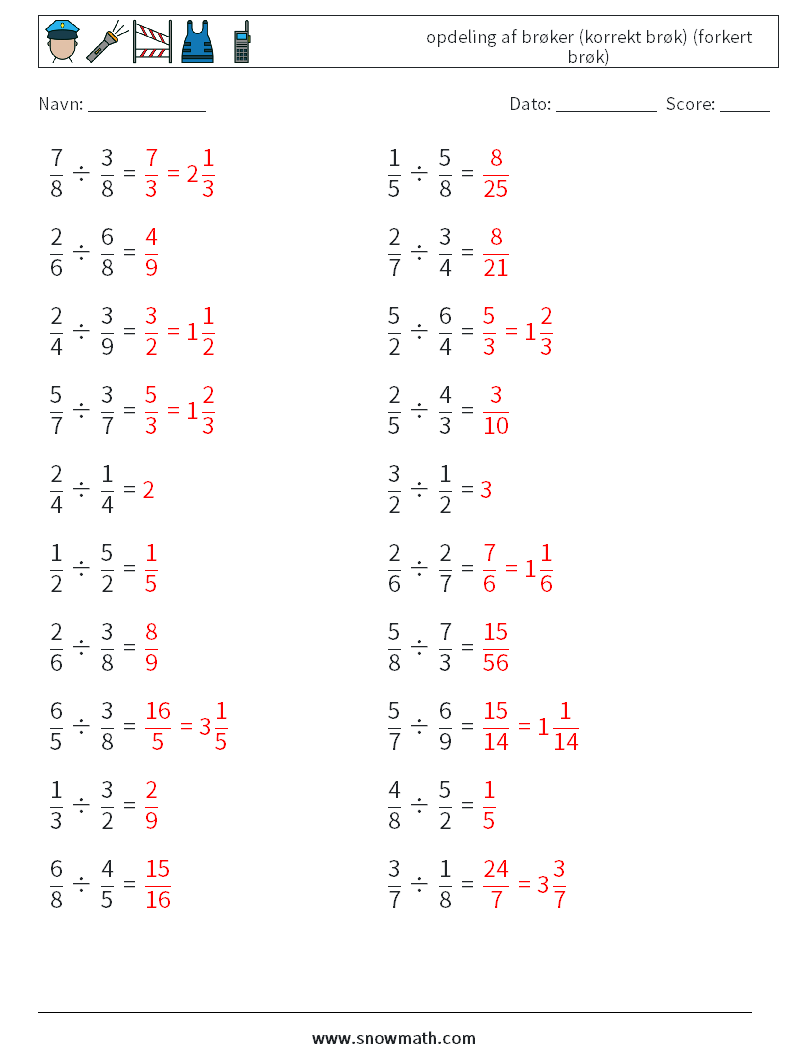 (20) opdeling af brøker (korrekt brøk) (forkert brøk) Matematiske regneark 17 Spørgsmål, svar