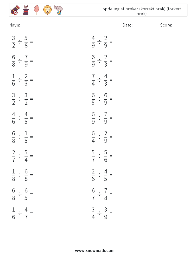 (20) opdeling af brøker (korrekt brøk) (forkert brøk) Matematiske regneark 18